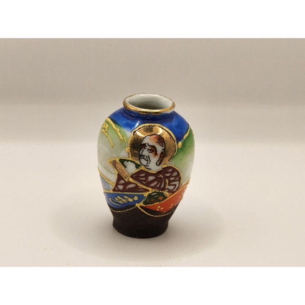 Occupied Japan Satsuma Style Mini Bud Vase Geisha Figural Blue Brown Gold Gilt 3